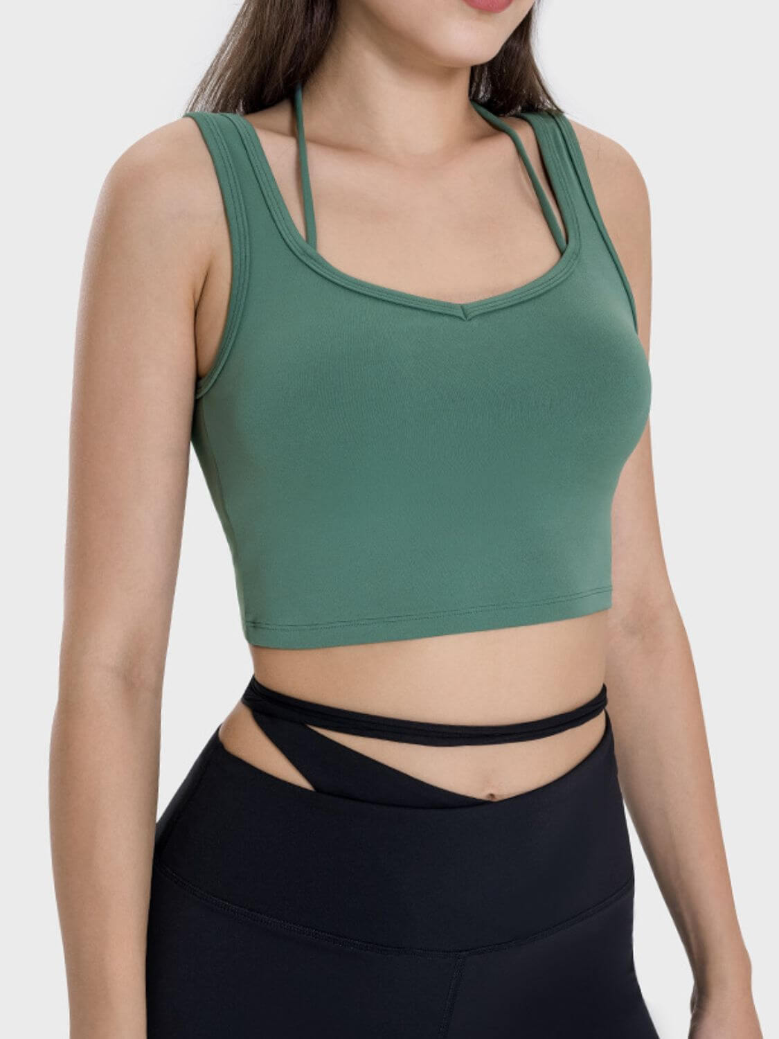 Millennia Crisscross Square Neck Active Tank in green, showcasing stylish and comfortable fit for active lifestyles.