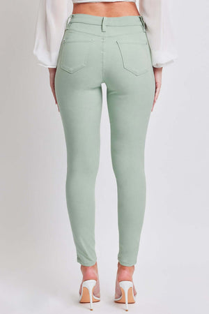 YMI Jeans Hyperstretch Mid-Rise Skinny Jeans in pale green, back view showcasing a comfortable and flattering fit.