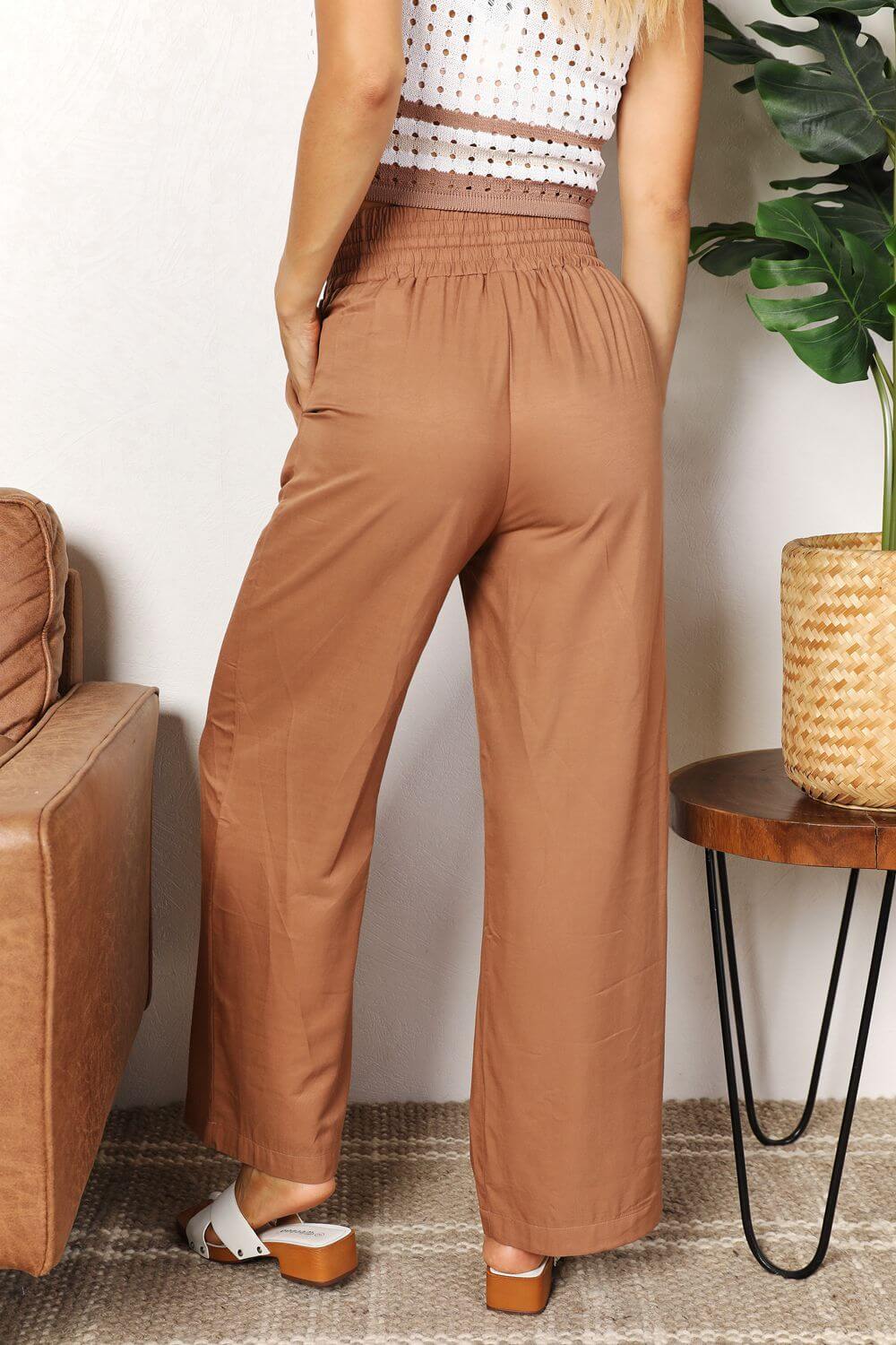 DOUBLE TAKE Drawstring Smocked Waist Wide Leg Pants at Bella Road