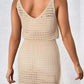 Openwork V-Neck Sleeveless Cover Up Dress in beige acrylic, back view showcases sheer and stretchy design