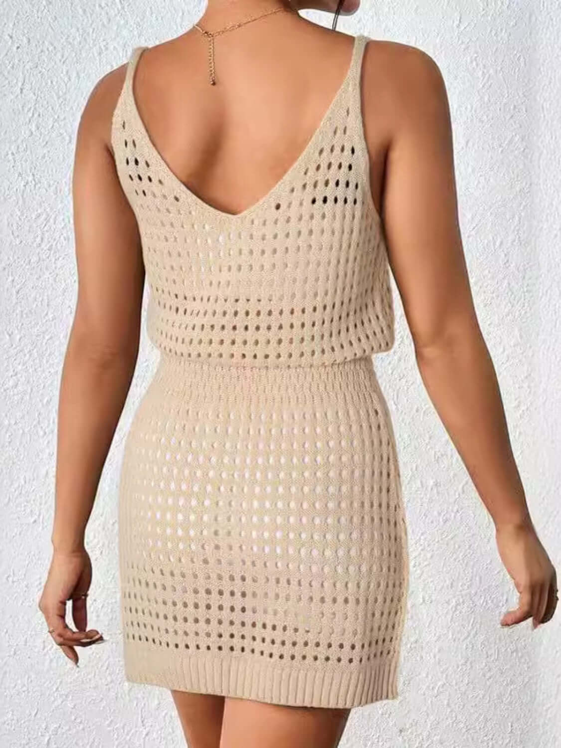 Openwork V-Neck Sleeveless Cover Up Dress in beige acrylic, back view showcases sheer and stretchy design