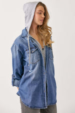 Casual oversized zip up hooded denim shirt by Risen Jeans, featuring a lightweight layered look, perfect for all seasons.