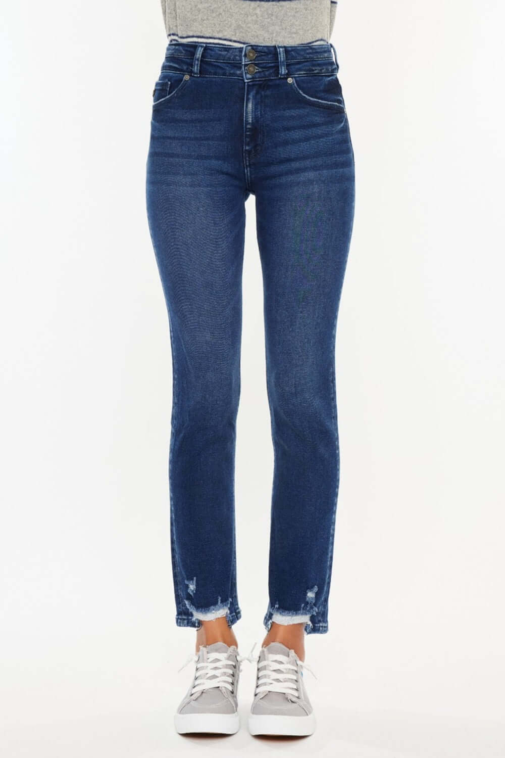 High Rise Slim Straight Jeans in dark denim, showing flattering high-waist fit and slim straight leg design. Perfect for casual and stylish outfits.