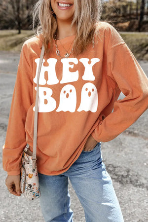 Bella Road Hey Boo Graphic Round Neck Long Sleeve Sweatshirt