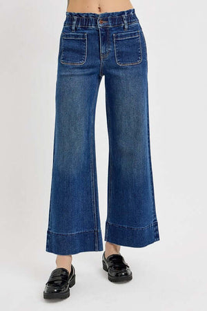 Women wearing RISEN Elastic Band Wide Leg Jeans, showcasing a stylish and comfortable fit with a relaxed silhouette.