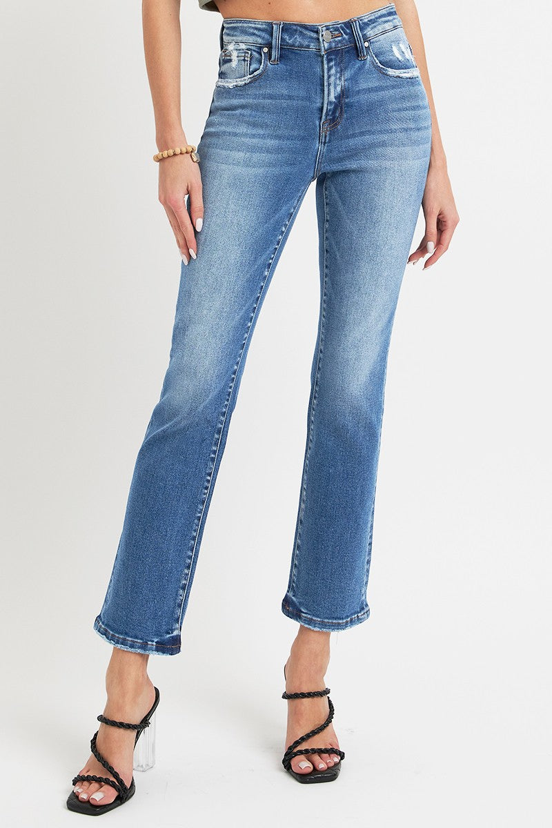 Chic mid-rise ankle straight jeans with pockets for versatile style, featuring slightly stretchy denim and classic cut.