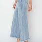 Trendy high rise crop wide fray hem jeans with flattering silhouette and relaxed fit, perfect for fashion-forward looks.