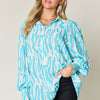 Printed Smocked Long Sleeve Blouse | Full Size - Tiffany Blue