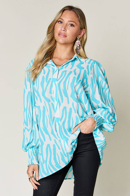 DOUBLE TAKE Full Size Printed Smocked Long Sleeve Blouse at Bella Road