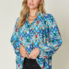 Printed Balloon Sleeve Blouse | Full Size - Sky Blue