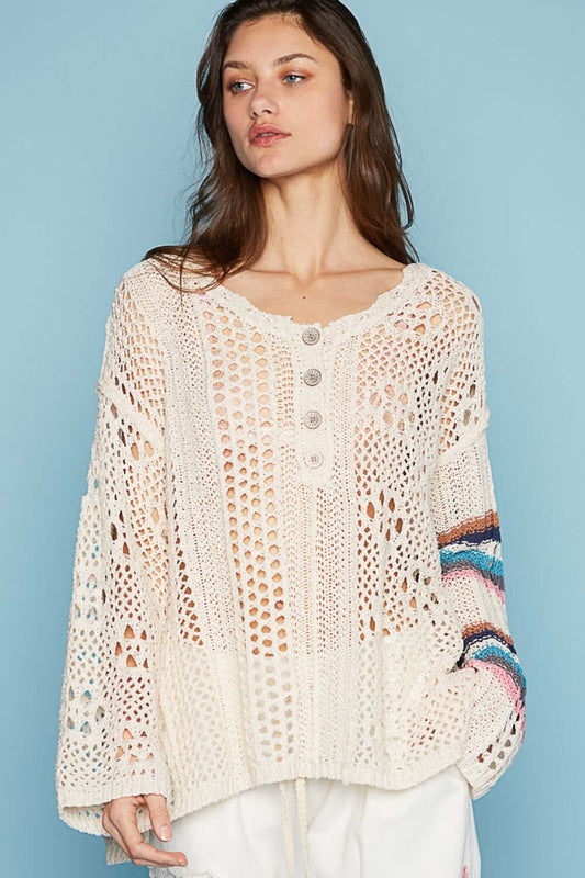 POL Round Neck Striped Long Sleeve Knit Cover Up at Bella Road