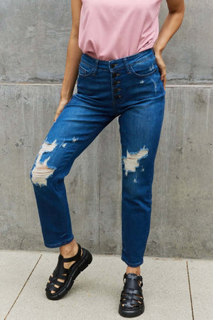 Judy Blue Melanie full size high waisted distressed boyfriend jeans with button fly and zig zag pattern