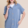 Button Up Short Sleeves Ribbed Shirt - Denim