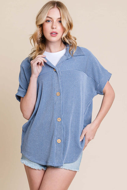 BOMBOM Button Up Short Sleeves Ribbed Shirt at Bella Road