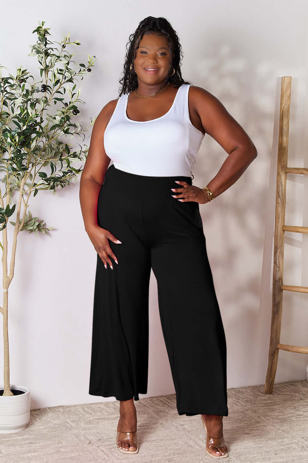 DOUBLE TAKE Full Size Smocked Wide Waistband Wide Leg Pants at Bella Road