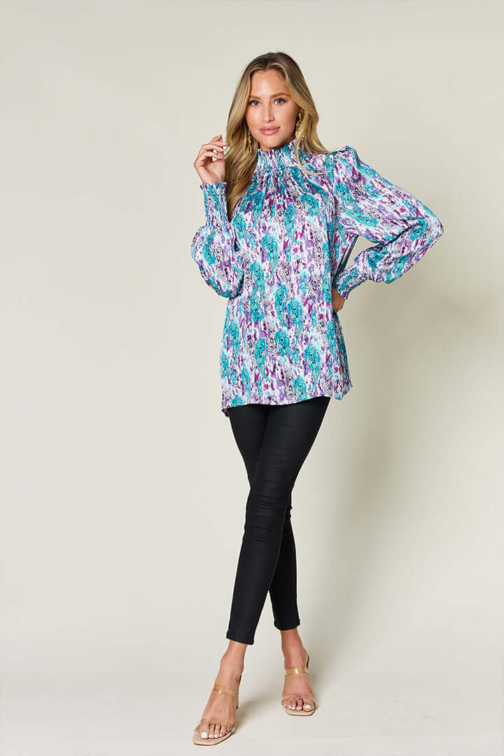 DOUBLE TAKE Full Size Printed Smocked Long Sleeve Blouse at Bella Road