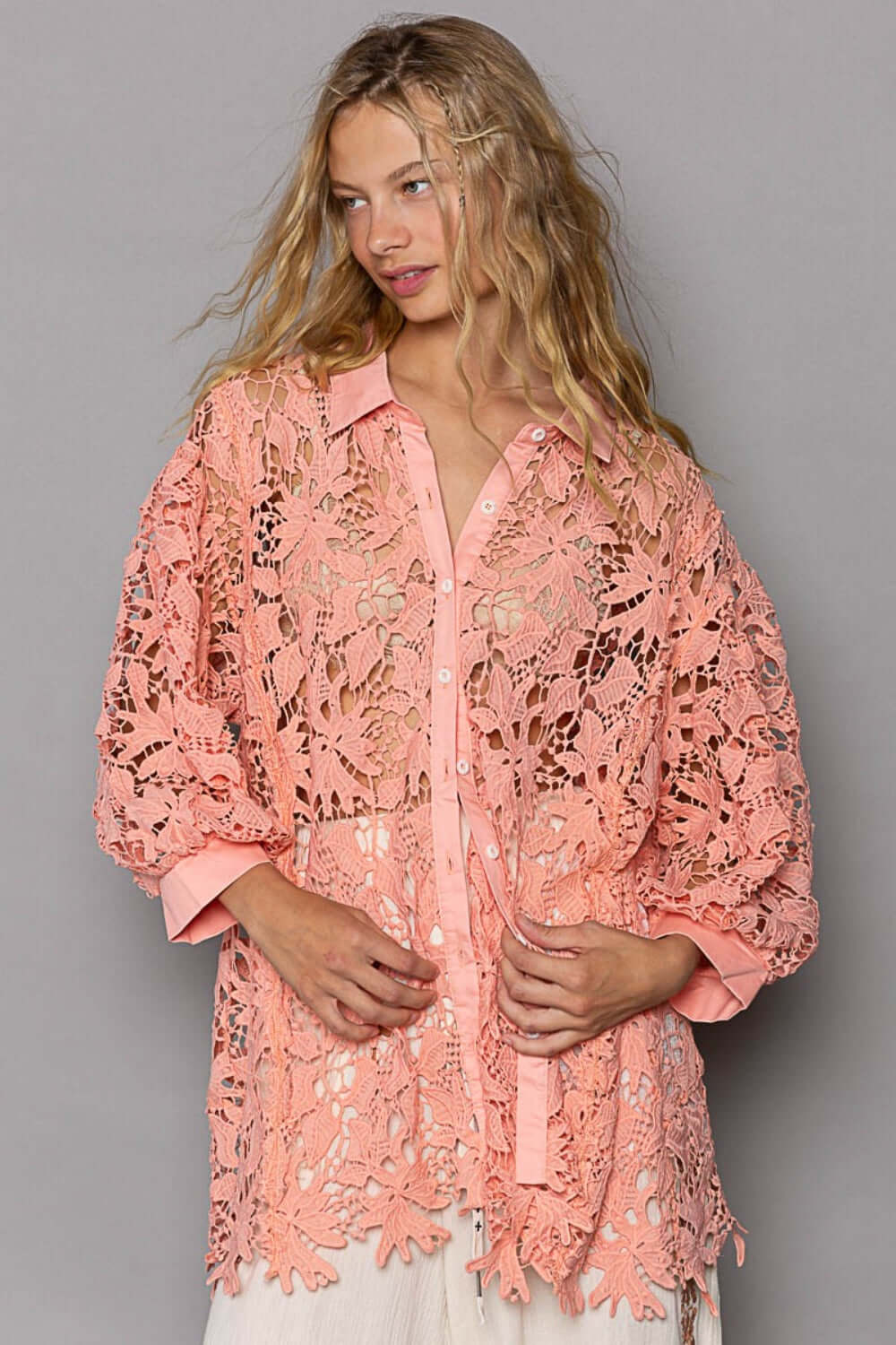 POL Collared Neck Button Up Lace Shirt at Bella Road