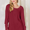 Ribbed Round Neck Slit T-Shirt - Deep Red