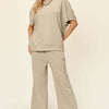 Texture Short Sleeve Top and Pants Set | Full Size - Tan