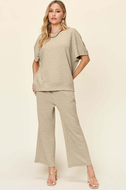 DOUBLE TAKE Full Size Texture Short Sleeve Top and Pants Set at Bella Road