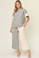 DOUBLE TAKE Full Size Texture Contrast T-Shirt and Wide Leg Pants Set at Bella Road