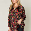 Printed Button Up Long Sleeve Shirt | Full Size - Black