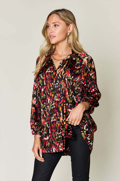 DOUBLE TAKE Full Size Printed Button Up Long Sleeve Shirt at Bella Road