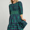 Umgee Ribbon Print Frill Contrast Velvet Trim Half Sleeve Dress - Navy