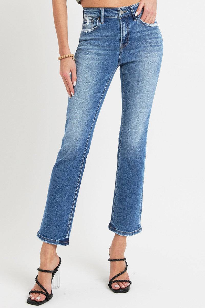 Risen full size mid-rise ankle straight jeans with pockets, chic and versatile denim featuring a comfortable, slightly stretchy fit.