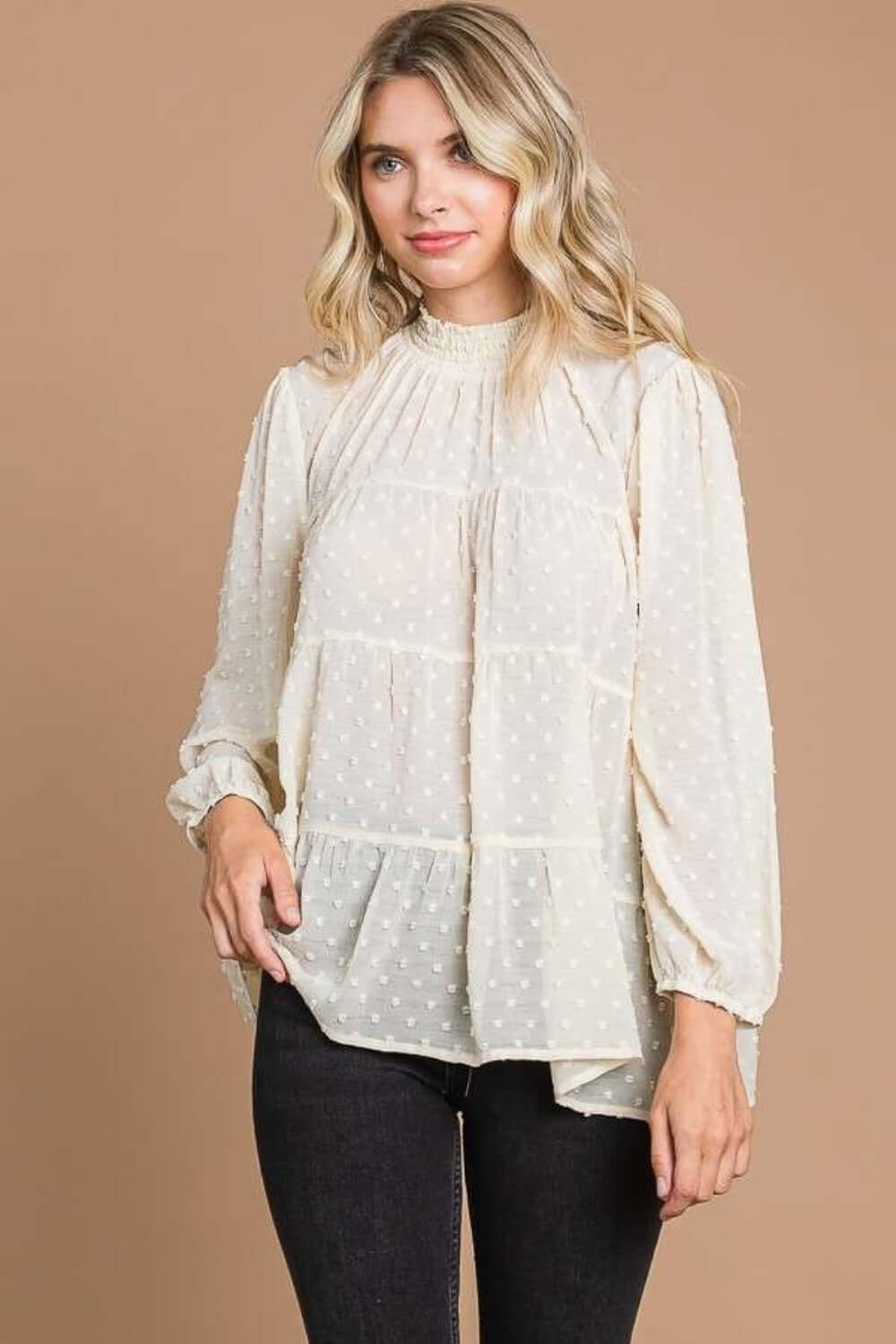 CULTURE CODE Full Size Swiss Dot Smocked Mock Neck Blouse at Bella Road