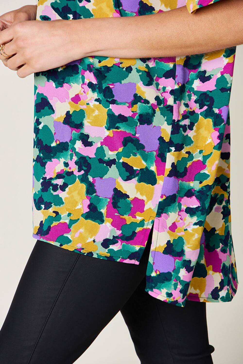 DOUBLE TAKE Full Size Printed V-Neck Short Sleeve Blouse at Bella Road