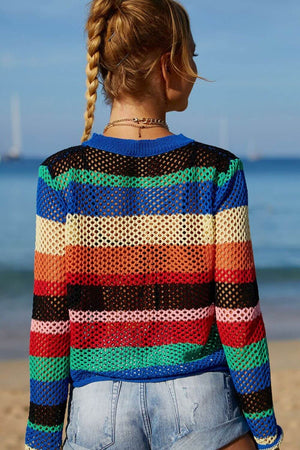 BELLA ROAD Rainbow Stripe Openwork Long Sleeve Cover-Up at Bella Road