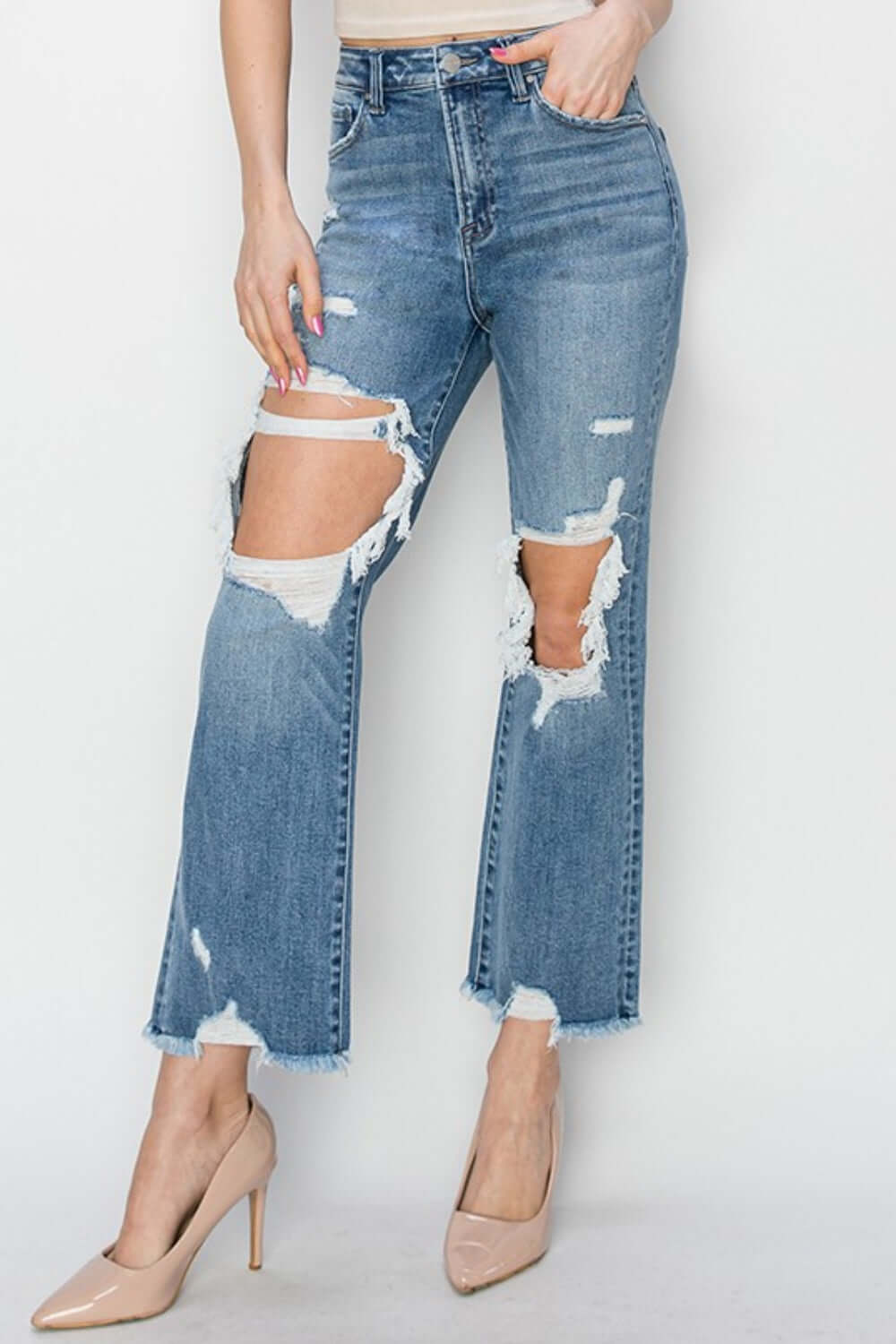 High Rise Distressed Crop Straight Jeans by Risen Jeans, showcasing edgy ripped details and stylish cropped length for a trendy look.