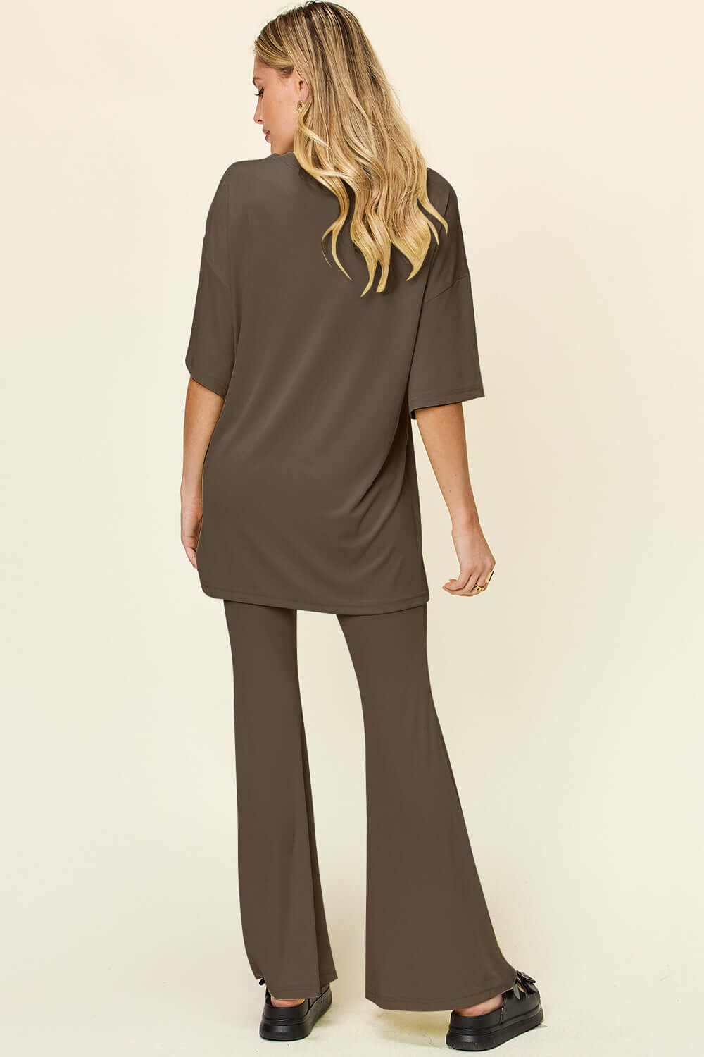 DOUBLE TAKE Full Size Round Neck Drop Shoulder T-Shirt and Flare Pants Set at Bella Road