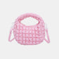 Pink quilted puffy crossbody bag with removable strap, fashion accessory, small size, polyester material.