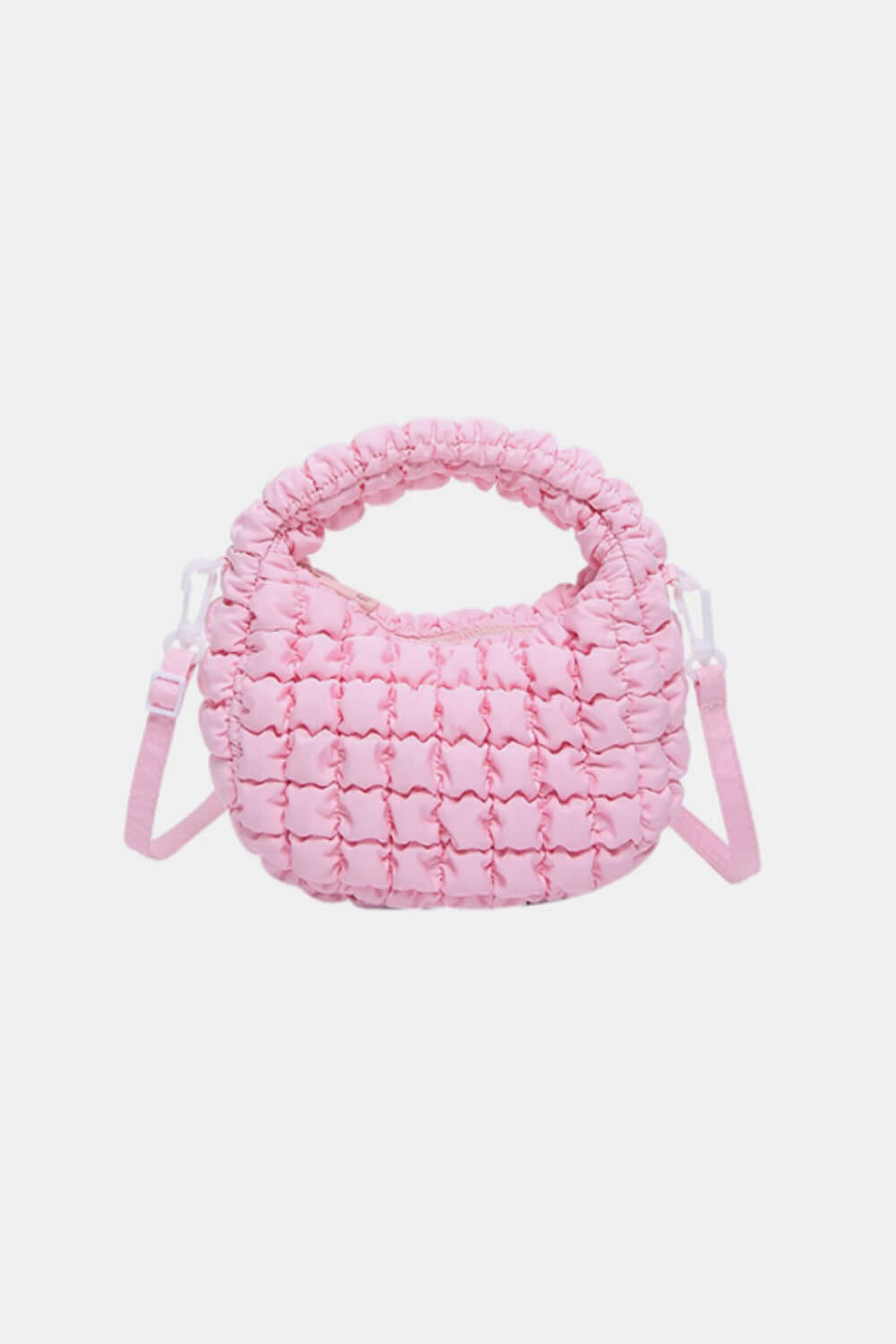 Pink quilted puffy crossbody bag with removable strap, fashion accessory, small size, polyester material.