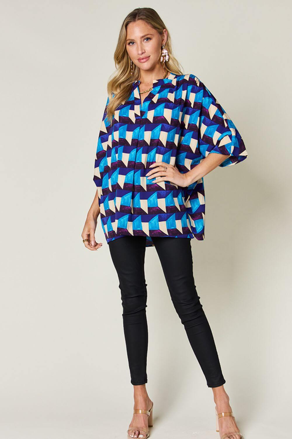 DOUBLE TAKE Full Size Geometric Notched Half Sleeve Blouse at Bella Road