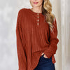 Ribbed Half Button Long Sleeve High-Low T-Shirt - Rust