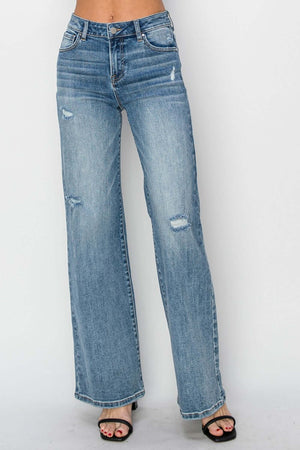 High Waist Distressed Wide Leg Risen Jeans - Stylish and Modern Denim with Edgy Flare