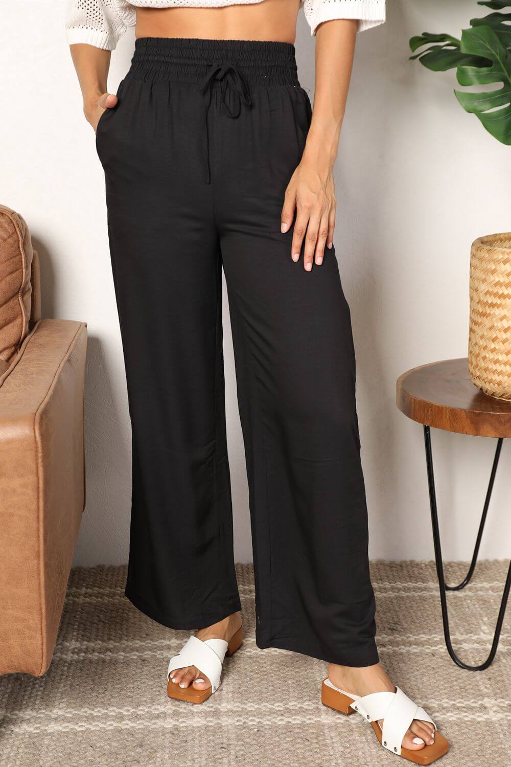 DOUBLE TAKE Drawstring Smocked Waist Wide Leg Pants at Bella Road