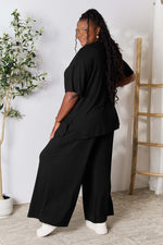 DOUBLE TAKE Full Size Round Neck Slit Top and Pants Set at Bella Road