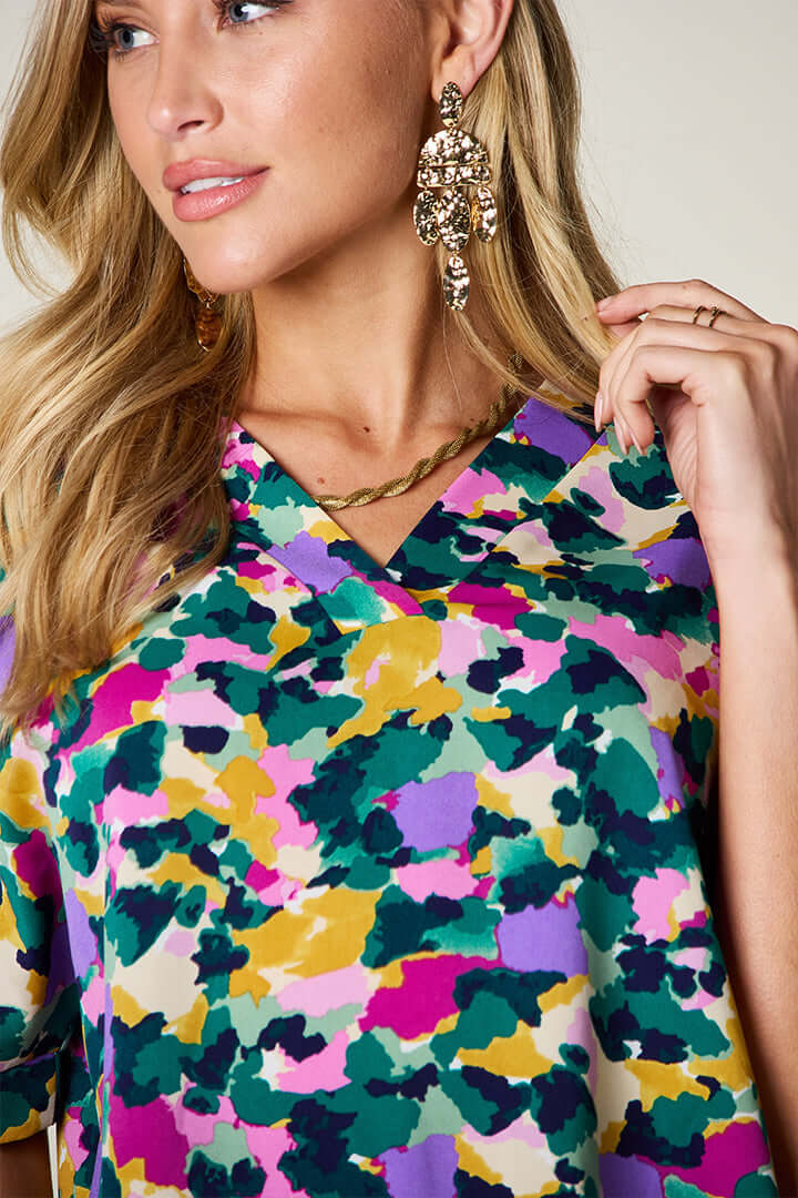 DOUBLE TAKE Full Size Printed V-Neck Short Sleeve Blouse at Bella Road