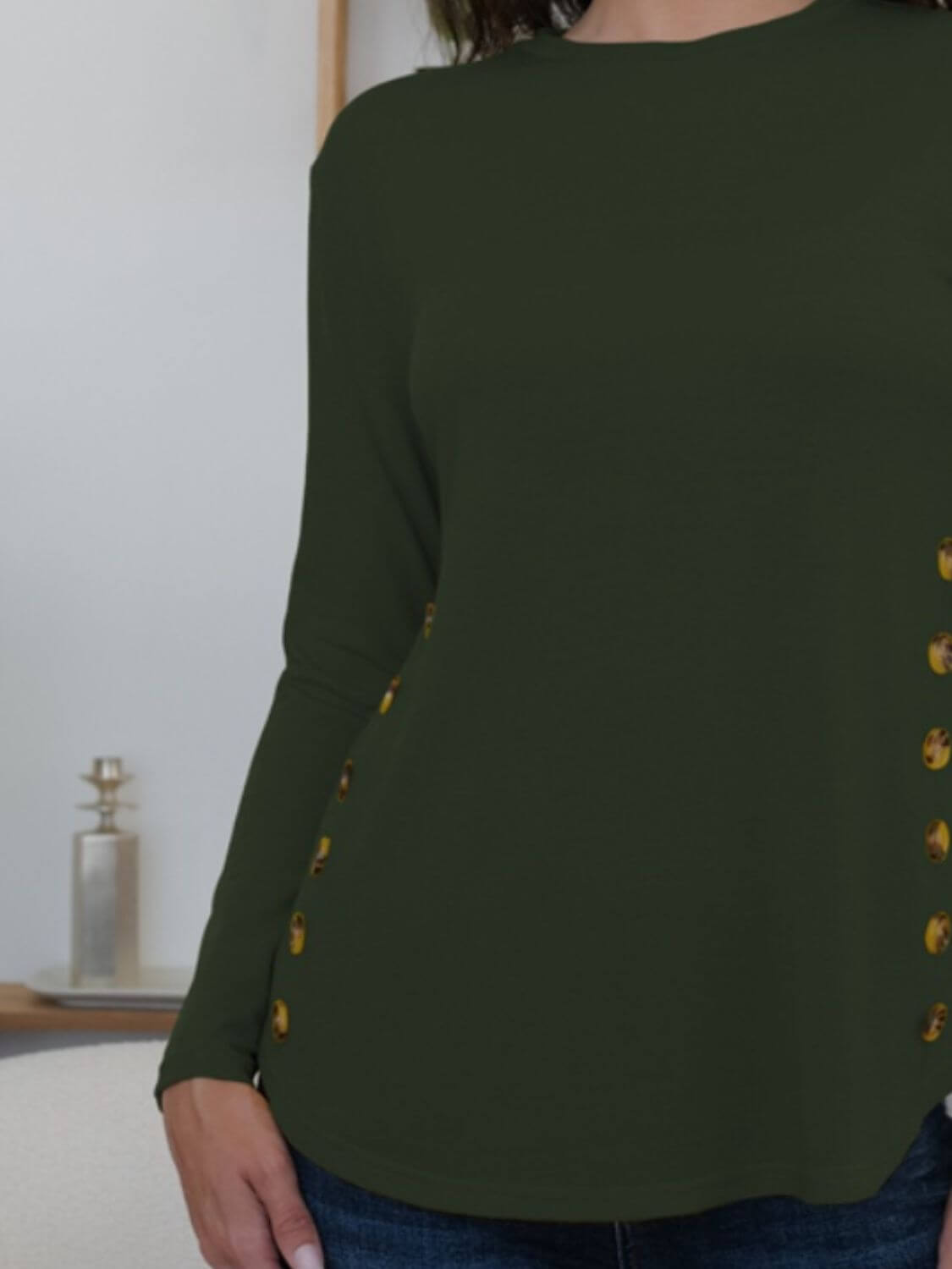 Stylish FAM-FAM round neck long sleeve t-shirt in army green with decorative buttons, perfect for casual occasions.