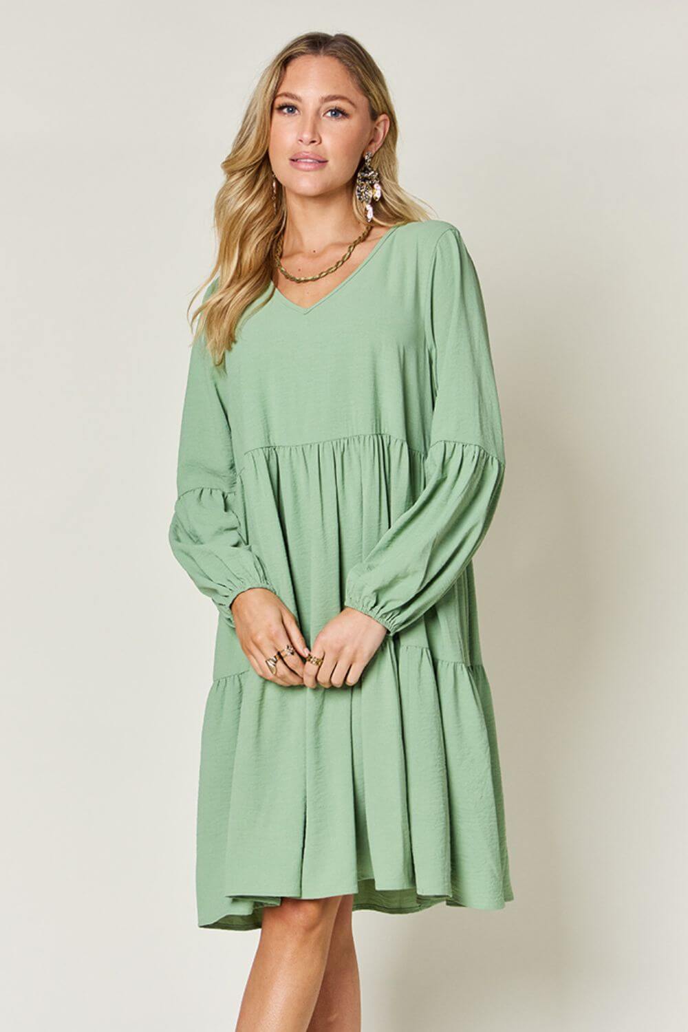 DOUBLE TAKE Full Size V-Neck Balloon Sleeve Tiered Dress at Bella Road