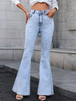 Bella Road light wash bootcut jeans with pearl trim and pockets, perfect for casual chic style.