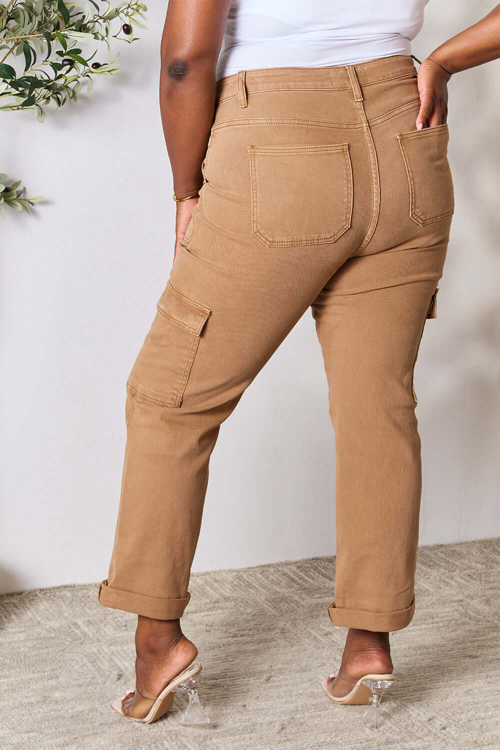 High Waist Straight Jeans with Pockets by Risen Jeans - back view in tan color, showcasing pockets and rolled cuffs