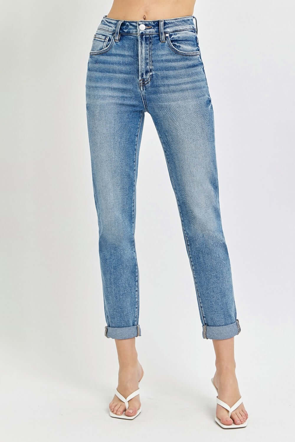 High Rise Cropped Roll Up Risen Jeans with stylish high waist, cropped length, and rolled-up cuffs, perfect for showcasing shoes.