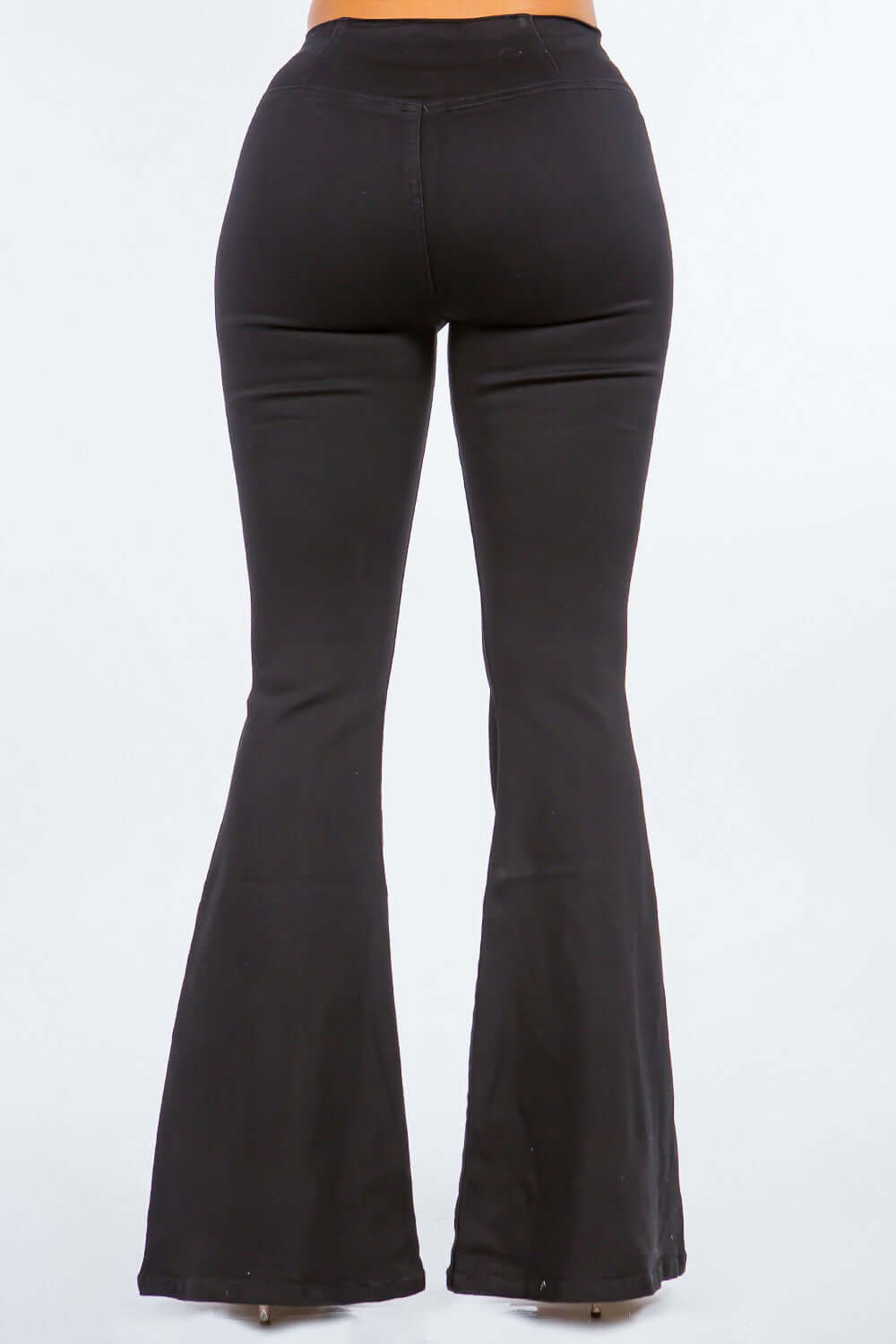 High Waist Pull-On Flare Jeans in black rear view, showcasing the chic flare leg and flattering high waist fit.