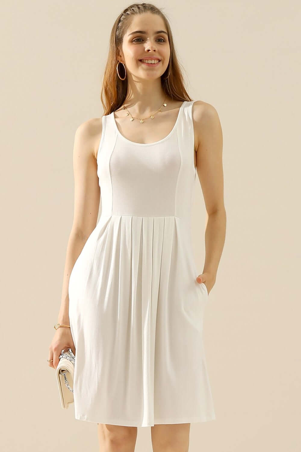 DOUBLJU Full Size Round Neck Ruched Sleeveless Dress with Pockets at Bella Road