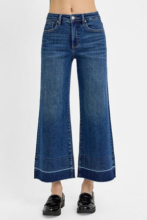 RISEN Full Size Tummy Control High Rise Crop Wide Hem Jeans in dark denim, stylish wide hem design for a flattering fit.